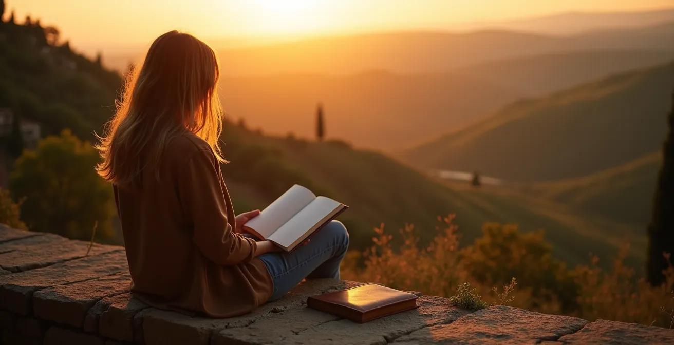 Persona seduta su muretto antico osserva tramonto dorato su valle italiana con diario aperto