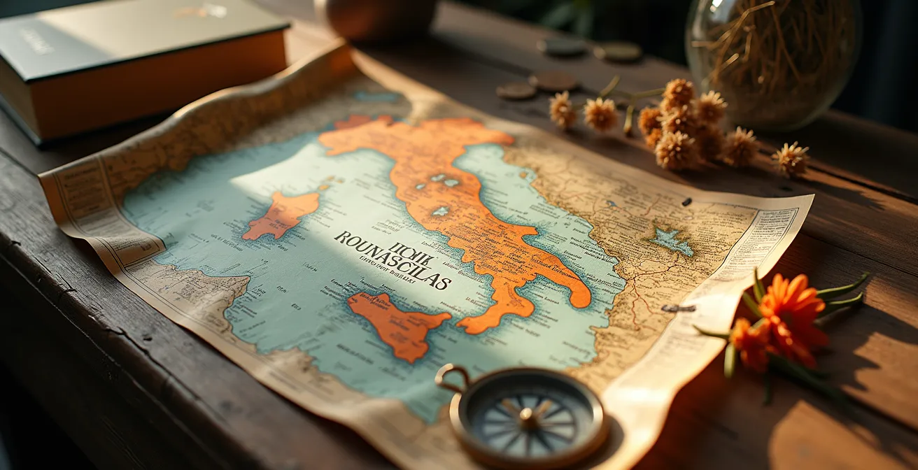 Una mappa turistica dell'Italia con ampie zone bianche e percorsi non tracciati, a simboleggiare la scoperta spontanea.