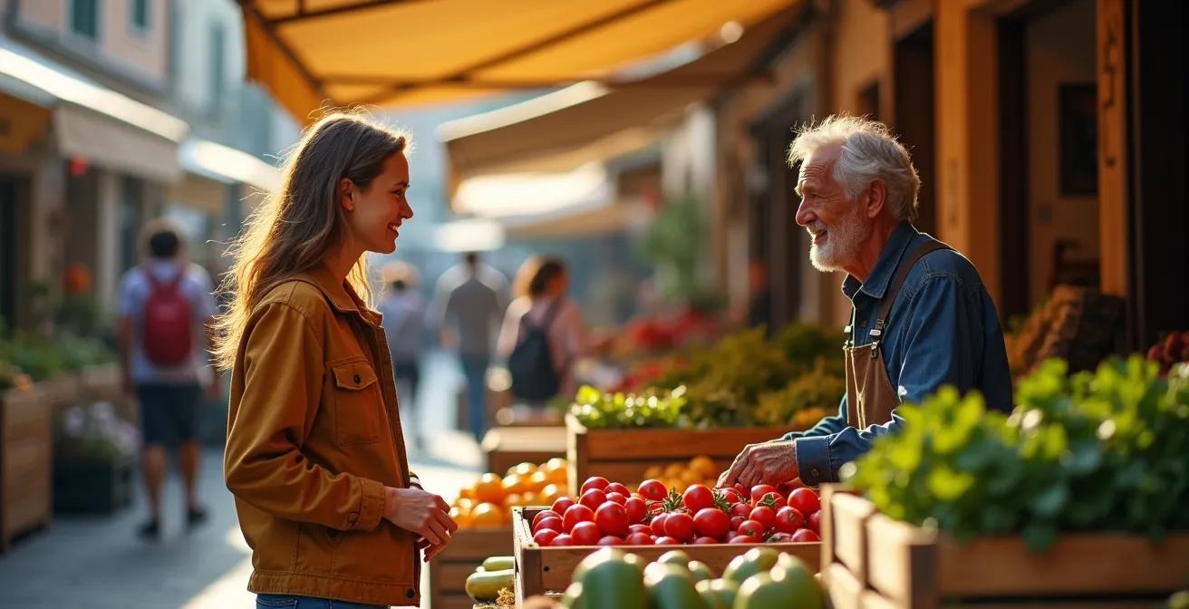 Viaggiatore che conversa amabilmente con un anziano venditore in un mercato rionale italiano, circondato da un'atmosfera autentica.