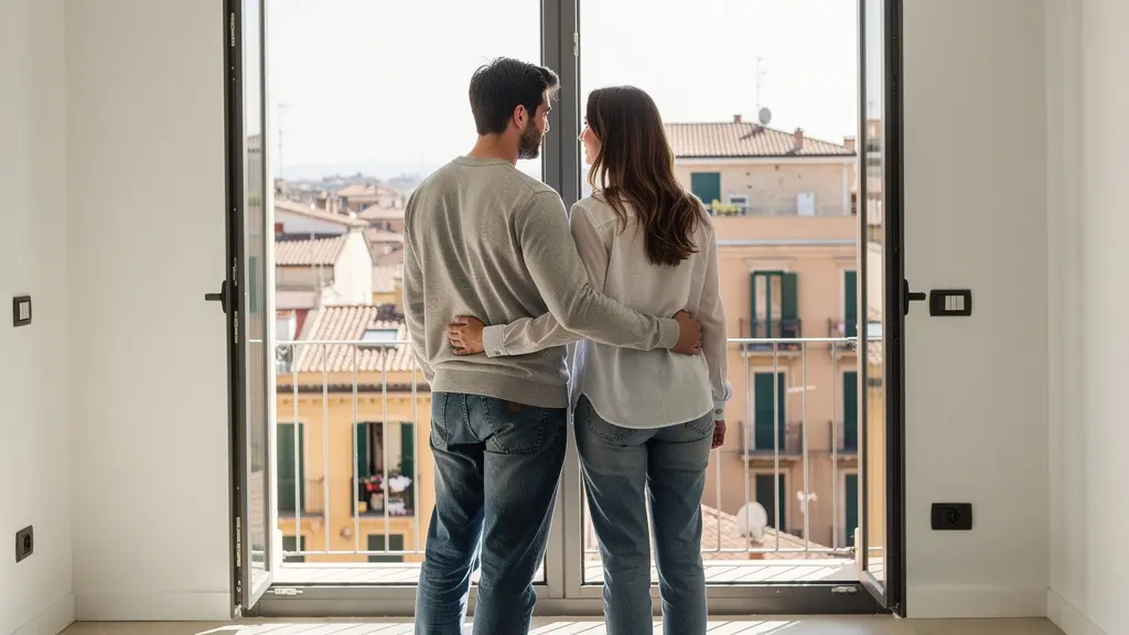 Coppia italiana che visita appartamento vuoto, valutazione prezzi immobiliari zona