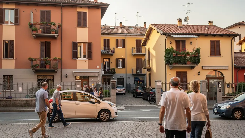Quartiere residenziale italiano con palazzi e case, prezzi immobili variabili per zona